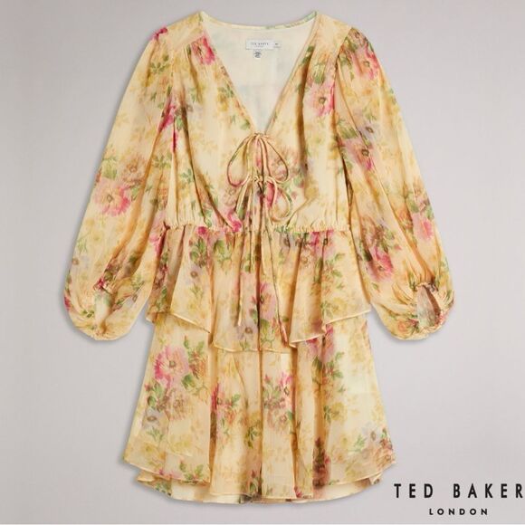 Ted Baker **NWT** Tamziiy Floral Print Tie Front Mini Dress, Tan - Picture 7 of 12